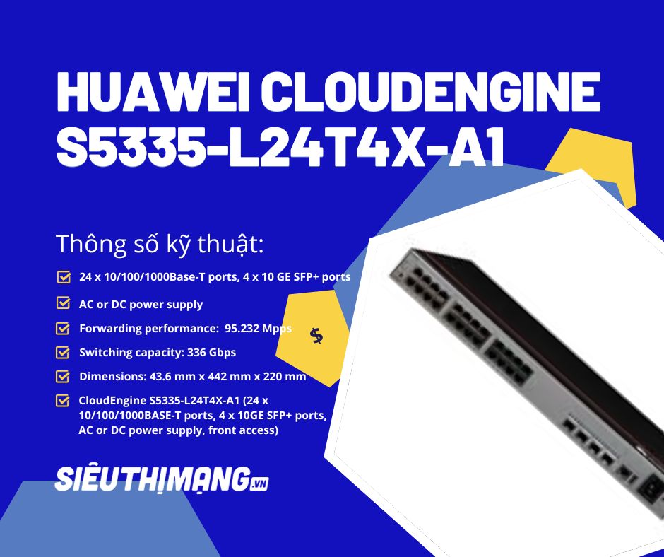 Huawei S5335-L24T4X-A1 - CloudEngine S5335-L24T4X-A1 (24 x 10/100/1000BASE-T ports, 4 x 10GE SFP+ ports, AC or DC power supply, front access) Huawei S5335-L24T4X-A1 - CloudEngine S5335-L24T4X-A1 (24 x 10/100/1000BASE-T ports, 4 x 10GE SFP+ ports, AC or DC power supply, front access)