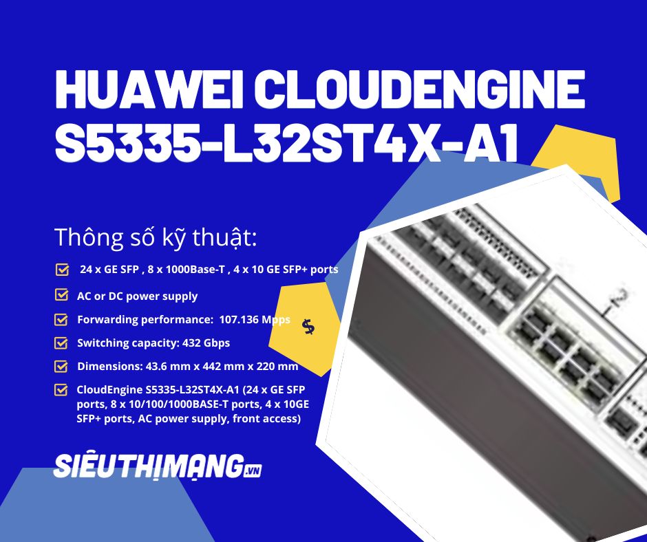 Switch Huawei S5335-L32ST4X-A1 - CloudEngine S5335-L32ST4X-A1 (24 x GE SFP ports, 8 x 10/100/1000BASE-T ports, 4 x 10GE SFP+ ports, AC power supply, front access) Switch Huawei S5335-L32ST4X-A1 - CloudEngine S5335-L32ST4X-A1 (24 x GE SFP ports, 8 x 10/100/1000BASE-T ports, 4 x 10GE SFP+ ports, AC power supply, front access)