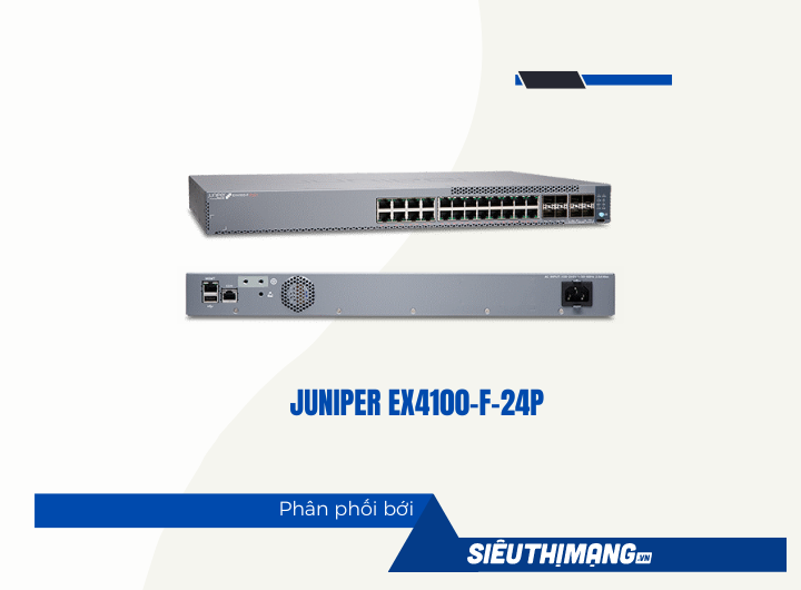Juniper EX4100-F-24P 24-port 10/100/1000BASE-T PoE+ switch, 4x1GbE/10GbE SFP/SFP+ uplinks, 4x10GbE stacking/uplink ports, with Standard SW, optics sold separately, TAA compliant Juniper EX4100-F-24P 24-port 10/100/1000BASE-T PoE+ switch, 4x1GbE/10GbE SFP/SFP+ uplinks, 4x10GbE stacking/uplink ports, with Standard SW, optics sold separately, TAA compliant