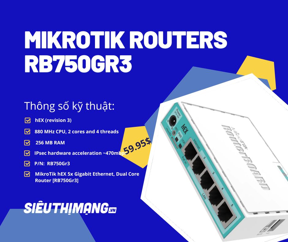 MikroTik hEX 5x Gigabit Ethernet, Dual Core Router RB750Gr3