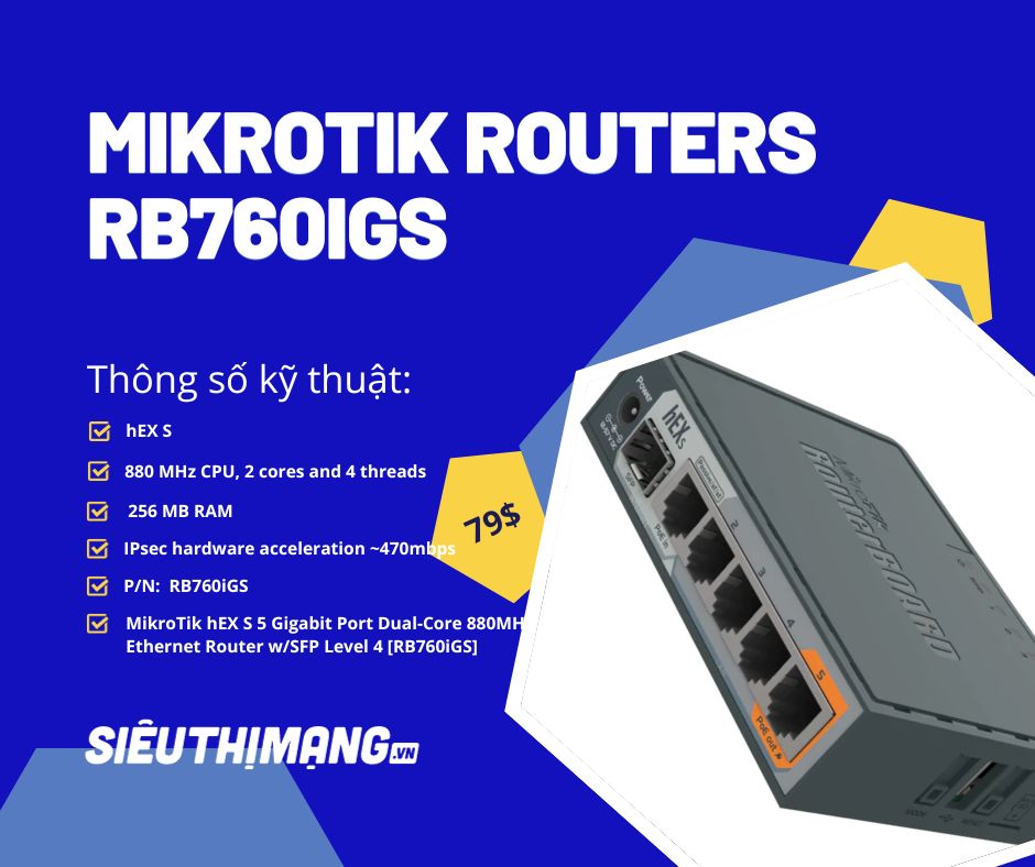 MikroTik hEX S 5 Gigabit Port Dual-Core 880MHz Ethernet Router wSFP Level 4 RB760iGS MikroTik hEX S 5 Gigabit Port Dual-Core 880MHz Ethernet Router wSFP Level 4 RB760iGS